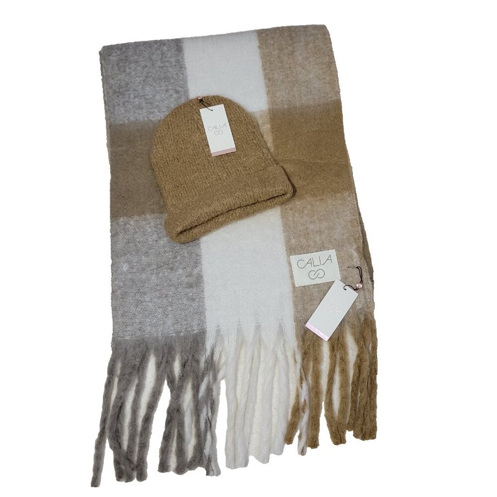 CALIA Luxe Scarf & Beanie Hat Carrie Underwood Plaid Tan Brown Outdoor Winter